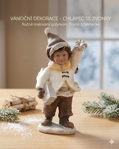 Vánoční dekorace chlapec se zvonky z polyresinu.