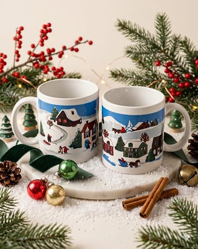 Sada dvou vánočních porcelánových hrnků s motivem zimní vesnice v zasněžené dekoraci.