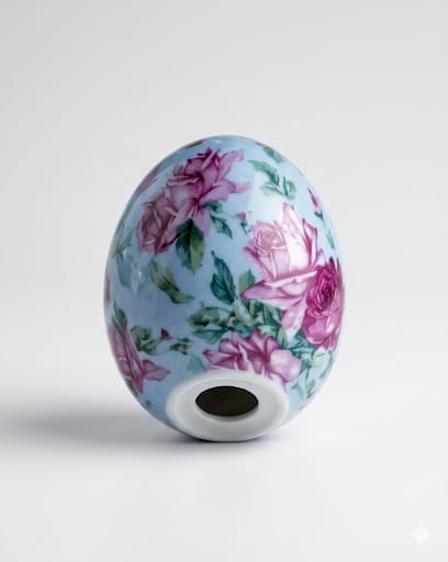 Porcelánové dekorační vejce s detailem růžovch růží na modrobílém pozadí.