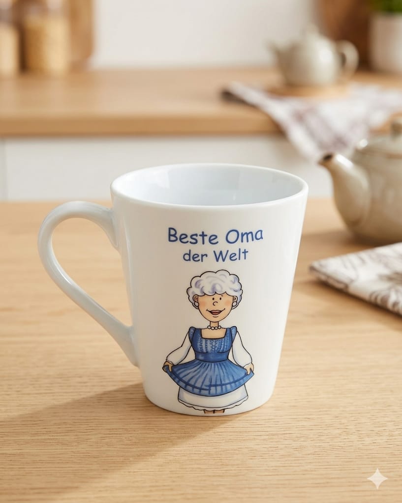 Porcelánový hrnek s ilustrací babičky a nápisem Beste Oma der Welt.