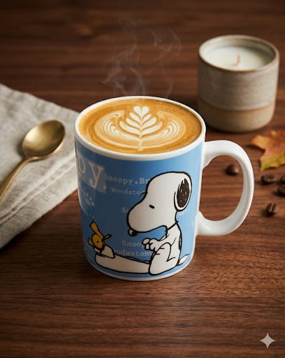 Modrý mega porcelánový hrnek s motivem Snoopyho a kávou.