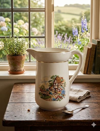 Vintage džbánek s motivem anglické vesničky od značky Sandland Ware.
