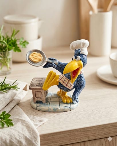 Keramická figurka vrána šéfkuchař pečící palačinky v kuchyni.