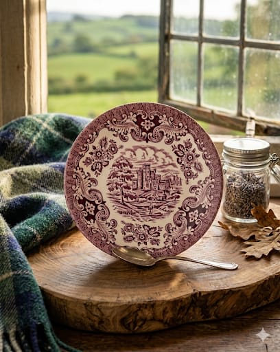 Vintage podšálek s motivem hradu z anglické kameniny od Hostess Tableware.