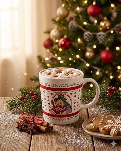 Vánoční keramický hrníček s motivem zajíčka, stromečku a dárků.