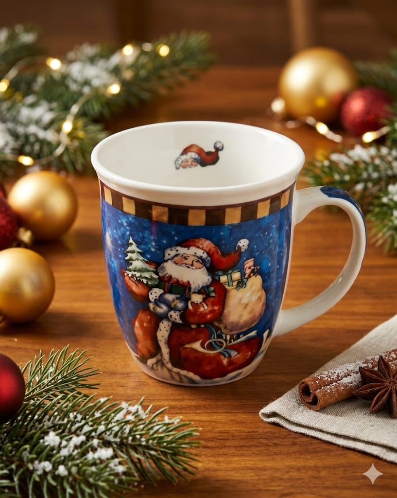Vánoční porcelánový hrnek s motivem Santa Clause.