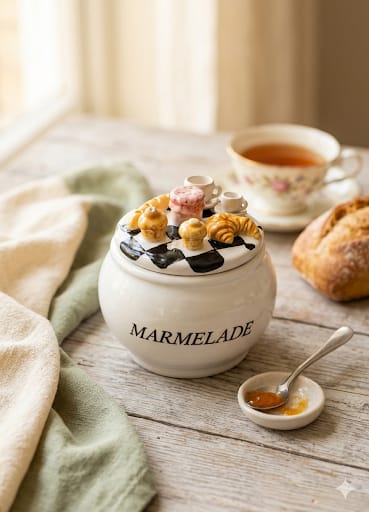 Porcelánová dóza Marmelade s miniaturní snídaní na víčku.