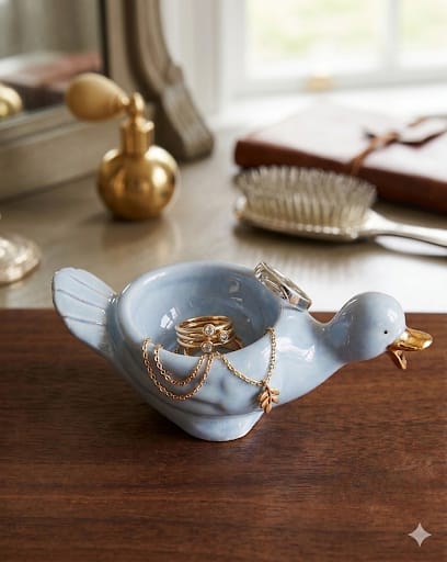 Porcelánová figurka husy se zlatým zobáčkem a prstýnky.