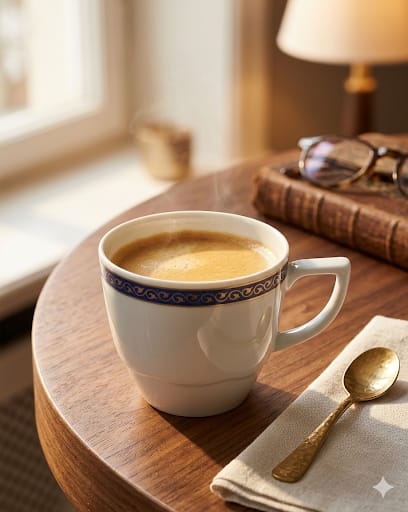 Porcelánový šálek Rosenthal kolekce Laola, design Mario Bellini s modrým dekorem.
