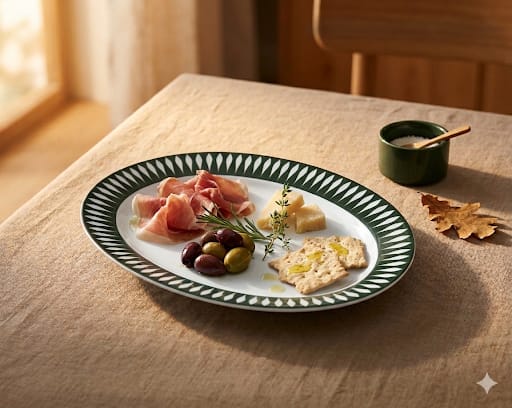 Oválný porcelánový talíř Thomas Lanzette se zeleným vzorem lístků.