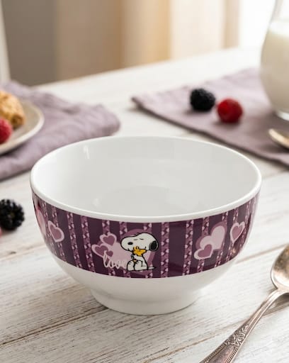 Sběratelská kameninová miska Snoopy s fialovým pruhem a srdíčky, edice KFC Peanuts.