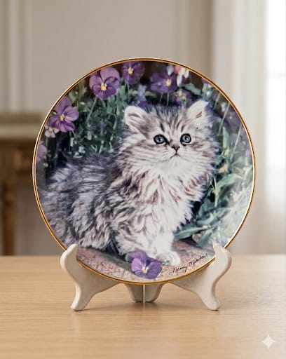 Sběratelský porcelánový talíř Purrfection s kotětem a maceškami.