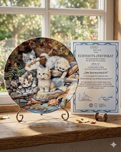 Sběratelský porcelánový talíř Kahla s motivem koťat u jezírka.