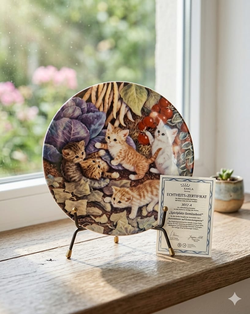 Porcelánový talíř Kahla s motivem koťat v zelenině a certifikát pravosti.