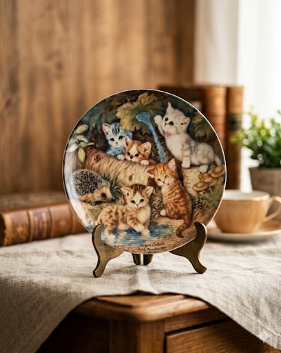 Sběratelský porcelánový talíř Kahla s motivem koťat a ježka od Jürgena Scholze.
