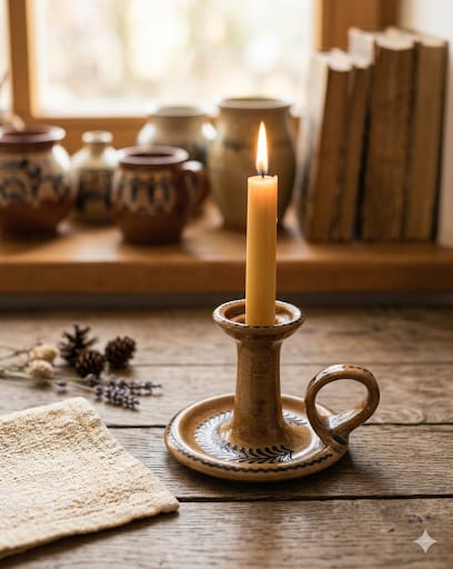 Vintage hnědý keramický svícen McCoy Pottery s hořící svíčkou na dřevěném stole.