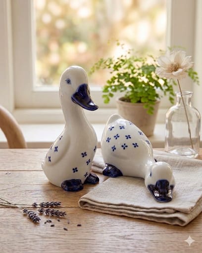Set dvou porcelánových kachen s modrobílým dekorem na dřevěném stole.