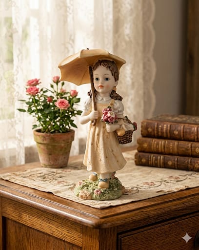 Romantická polyresinová figurka dívky se slunečníkem.