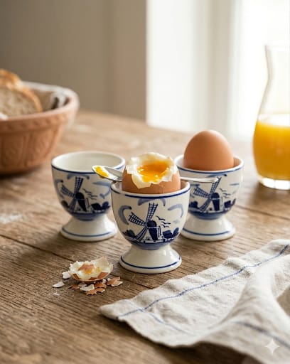 Keramické kalíšky na vajíčka Delft Blue s motivem větrného mlýnu, naměkko uvařené rozklepnuté vajíčko se lžičkou.