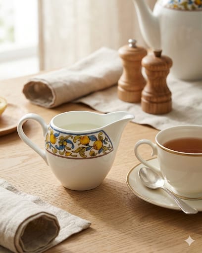 Porcelánová mléčenka Hutschenreuther na prostřeném stole s šálkem čaje.