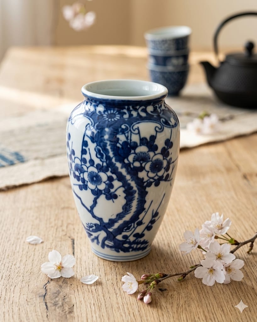Modrobílá japonská porcelánová vázička Arita Ware na dřevěném stole s květy sakury.