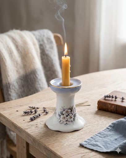 porcelánový svícen Kahla s hořící svíčkou a motivem květin na dřevěném stole.
