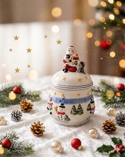 Keramická vánoční dóza na cukroví s motivem Santa Clause a sněhuláků.