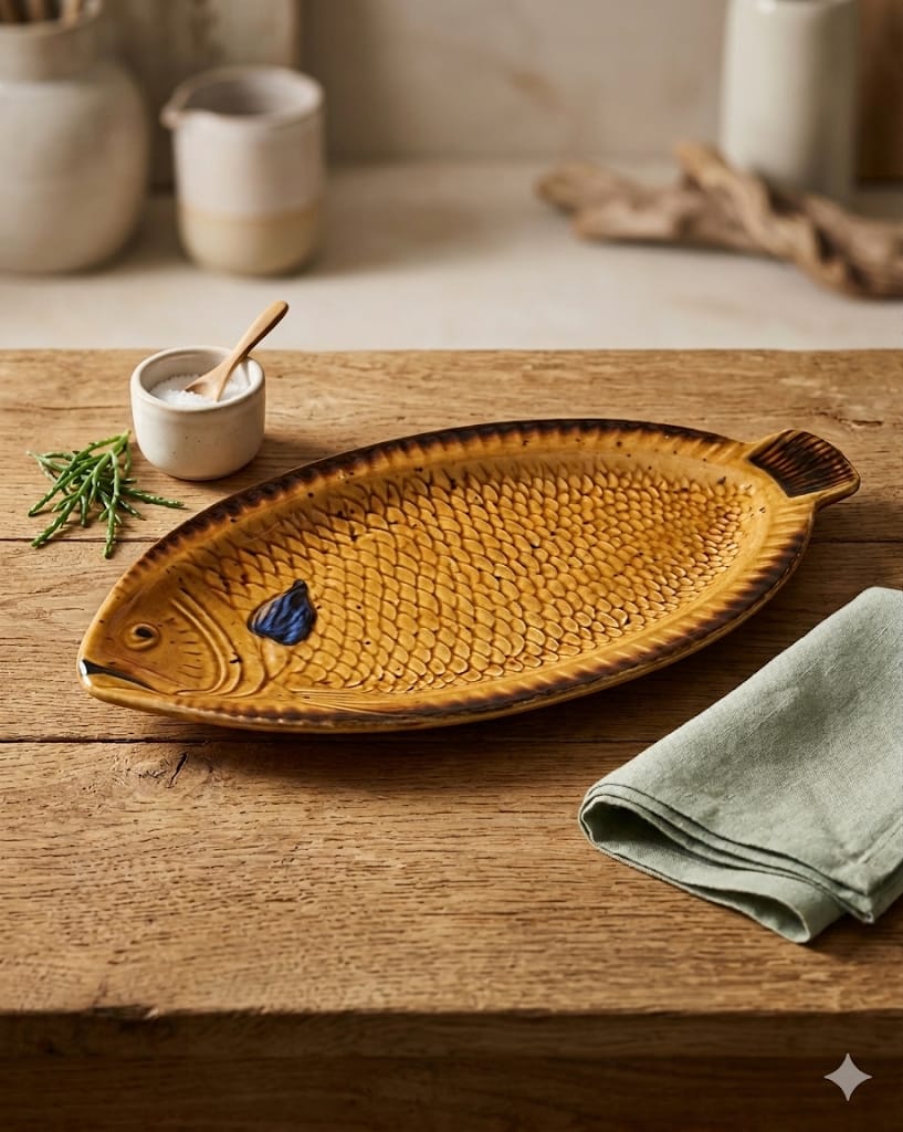 Keramický servírovací talíř ryba Gallo Neptuno od Villeroy & Boch na dřevěném stole.
