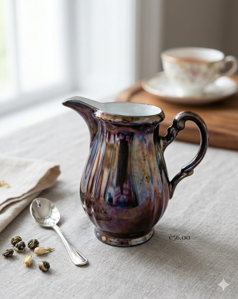 Starožitná postříbřená porcelánová mléčenka Bavaria Waldershof s podélným reliéfem a ozdobným uchem.