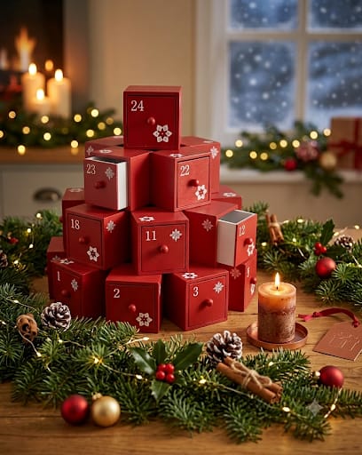 Červený dřevěný adventní kalendář ve tvaru stromečku na vánočně ozdobeném stole s hořící svíčkou a jehličím.