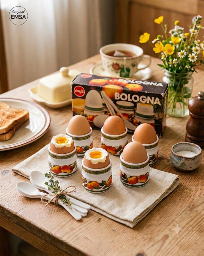 Retro kalíšky na vajíčka Emsa Bologna s bílými lžičkami na snídaňovém stole.