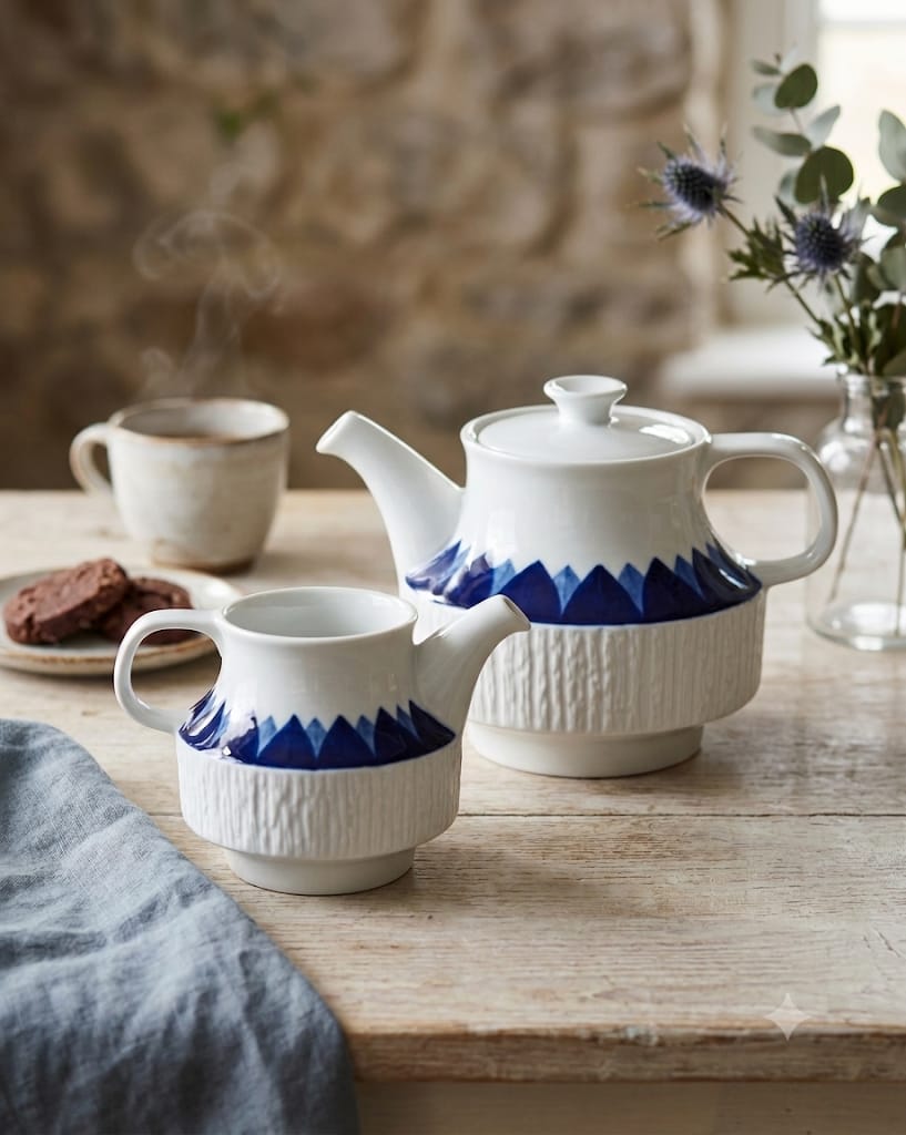 Retro porcelánová mléčenka Thomas Arcta Kobalt a konvice na prostřeném stole v rustikálním stylu.