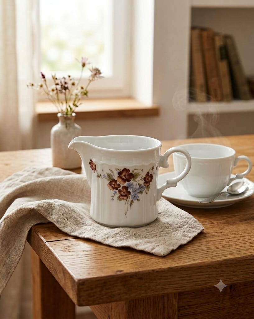 Porcelánová mléčenka Eschenbach s květinovým vzorem na dřevěném stole.