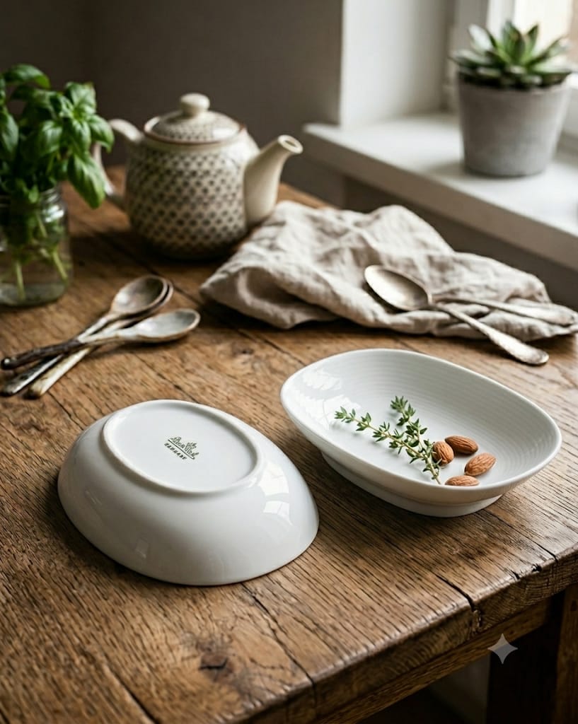 Sada dvou bílých porcelánových misek značky Rosenthal na dřevěném stole.