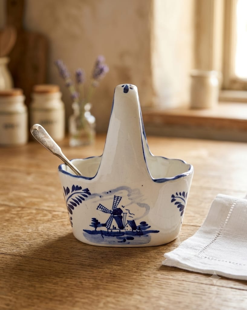 Vintage keramický košík Delft Blue s modrým motivem větrného mlýna a květinovým motivem.