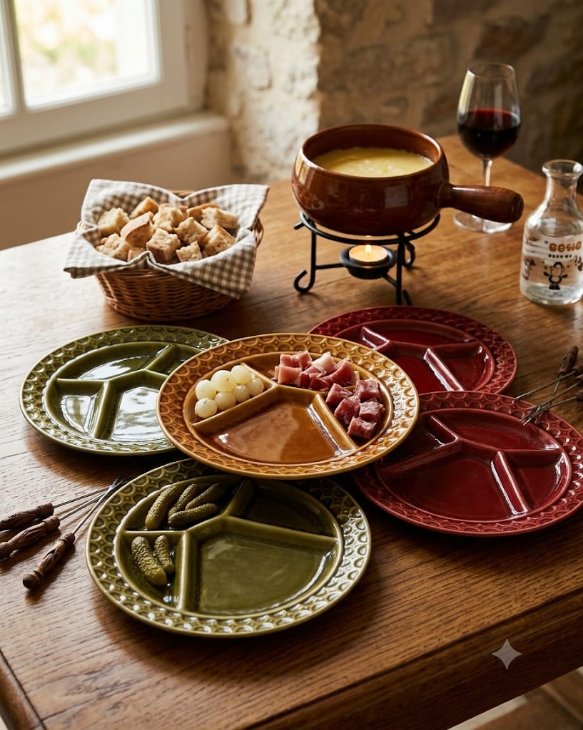 Sada pěti barevných retro talířů na fondue značky Sarreguemines s prostřeným stolem, fondue nádobou a pochutinami.