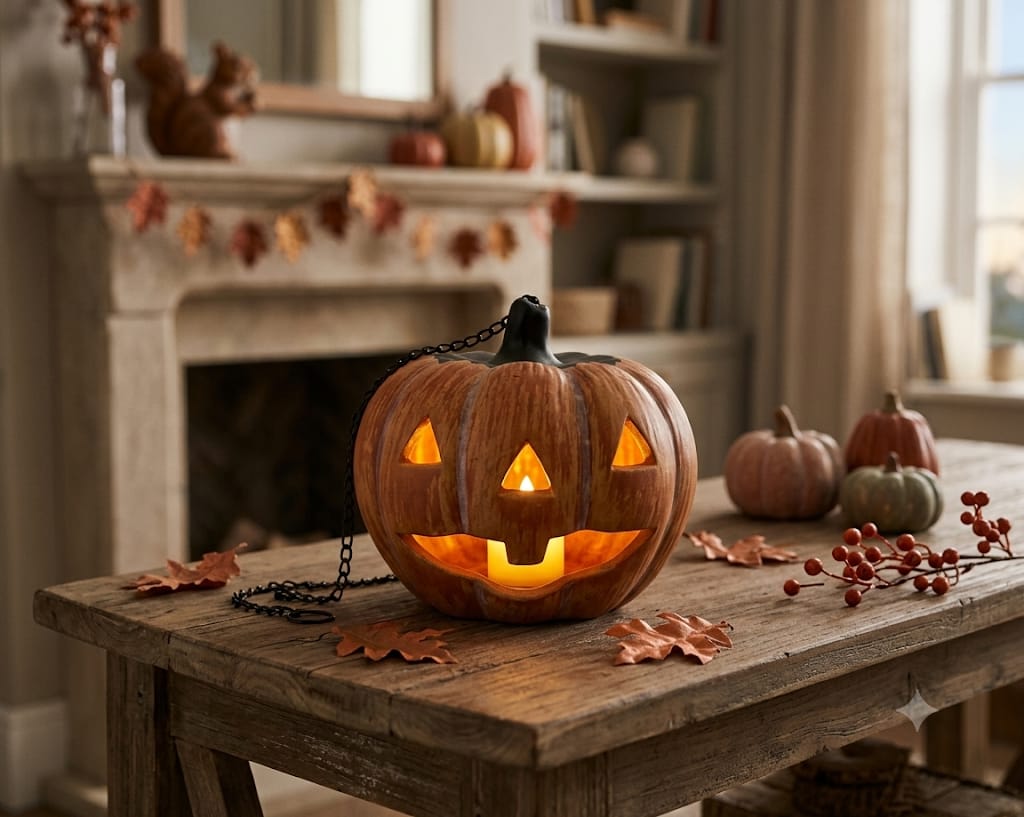 Keramická halloweenská dýně Jack-o´-lantern se svítící svíčkou jako podzimní dekorace na stole.