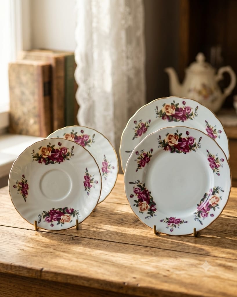 Retro sada porcelánových talířků English Rose, 2x podšálek a 2x dezertní talířek s motivem růží vystavené na dřevěném stole.