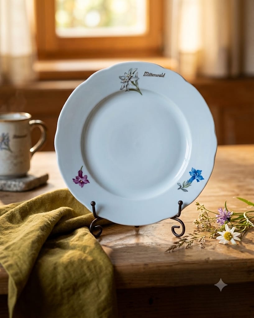Sběratelský porcelánový talíř Mittenwald s jemně zlaceným okrajem a alpskými květy na dřevěném stole.