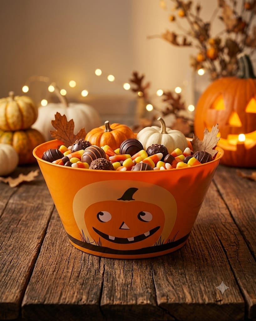 Halloweenská oranžová mísa s motivem dýně naplněná sladkostmi na dřevěném stole.