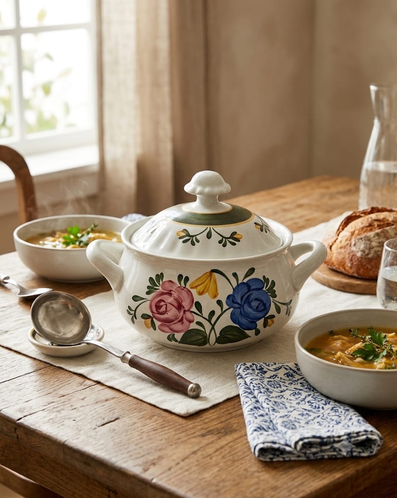 Porcelánová polévková mísa s poklicí Wunsiedel Bavaria na prostřeném stole.