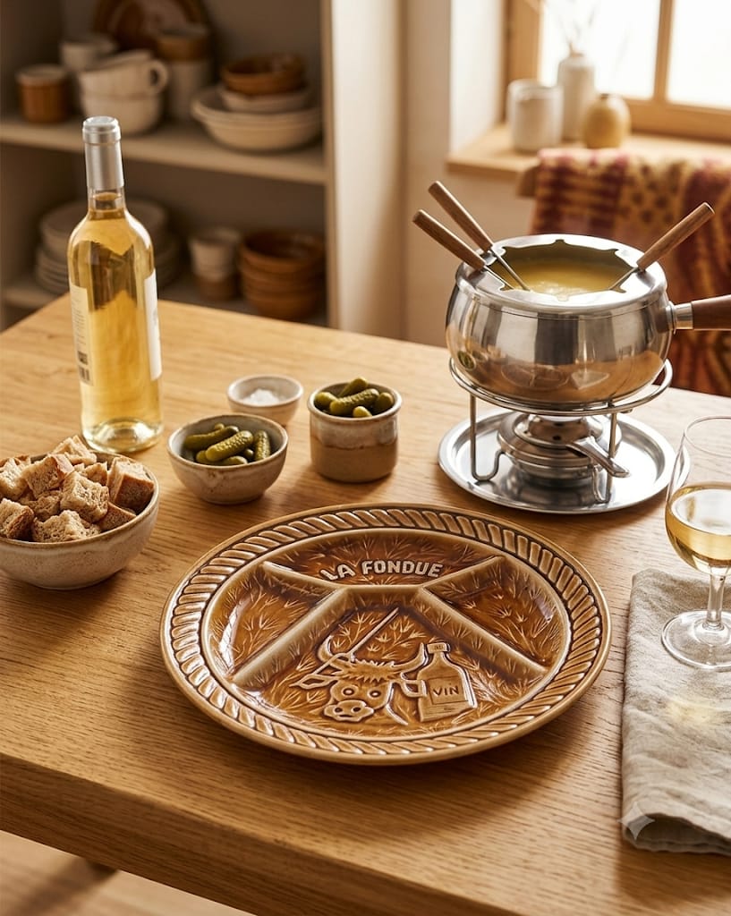 Francouzský keramický talíř na fondue Sarreguemines s plastickým reliéfem servírovaný na dřevěném stole s fondue kotlíkem.
