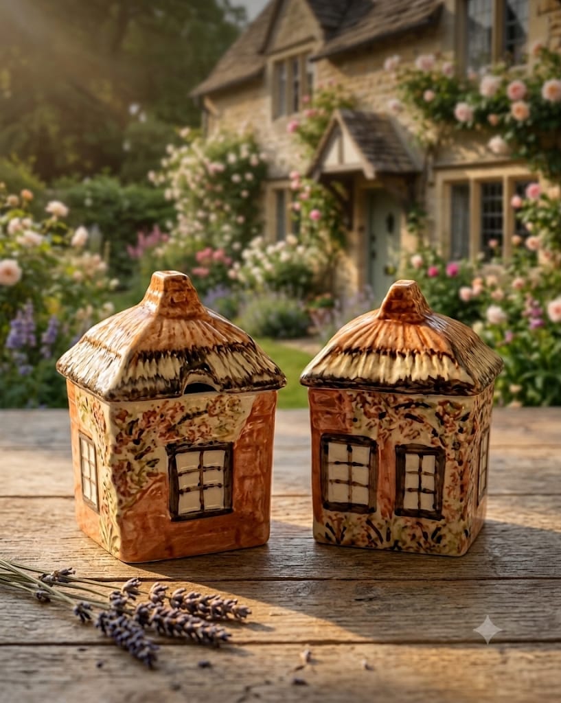 Chaloupka Price Bros Cottage Ware na dřevěném stole.