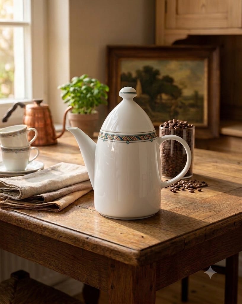 Bílá porcelánová konvice Arberg Bastdekor (Form 2000) na dřevěném stole, stylizovaná ve venkovském stylu.