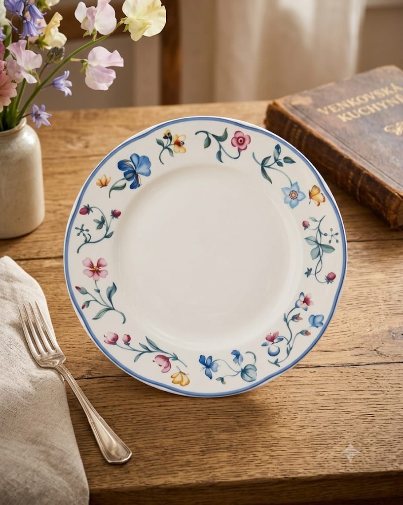 Mělký jídelní talíř Villeroy a Boch kolekce Mariposa s květinovým vzorem na dřevěném stole.