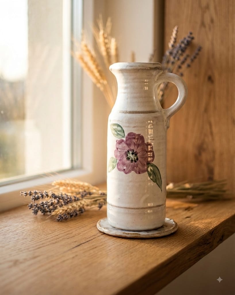 Detailní pohled na retro keramickou vázu Bay Keramik721-31 s květinovým motivem na dřevěném parapetu.