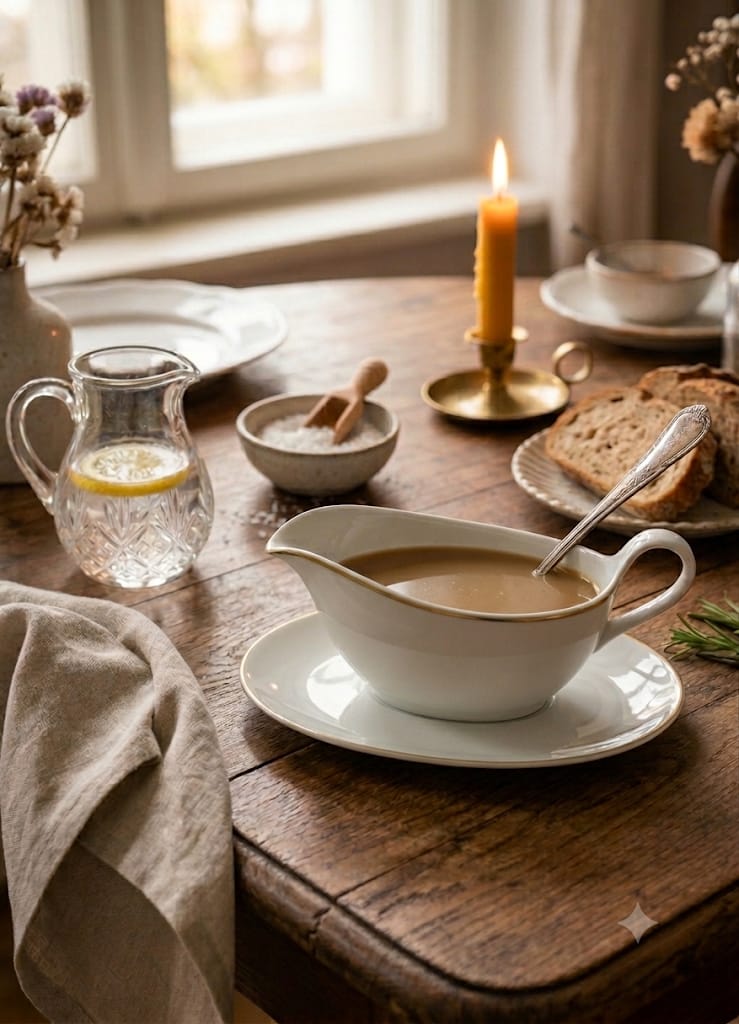 Bílý hladký porcelánový omáčník Kahla se zlatou linkou na dřevěném stole s omáčkou.