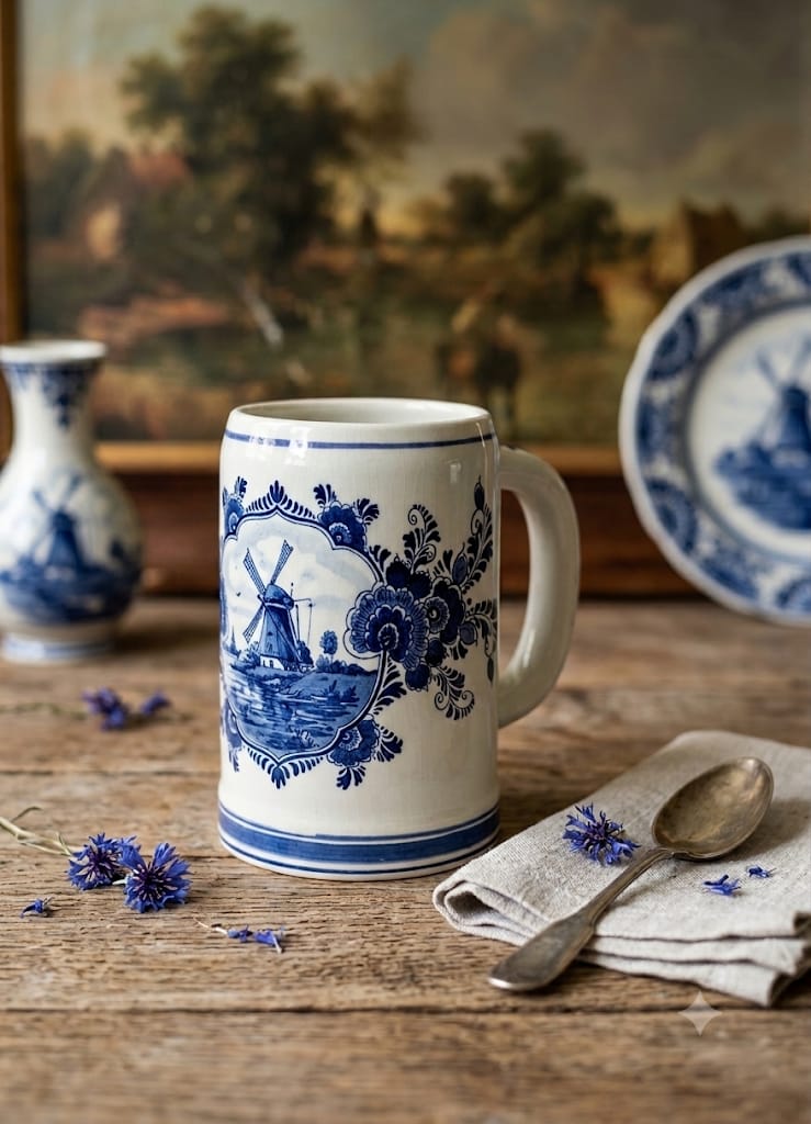 Holandský keramický půllitr Delft 13 cm - ručně malovaný na dřevěném stole.