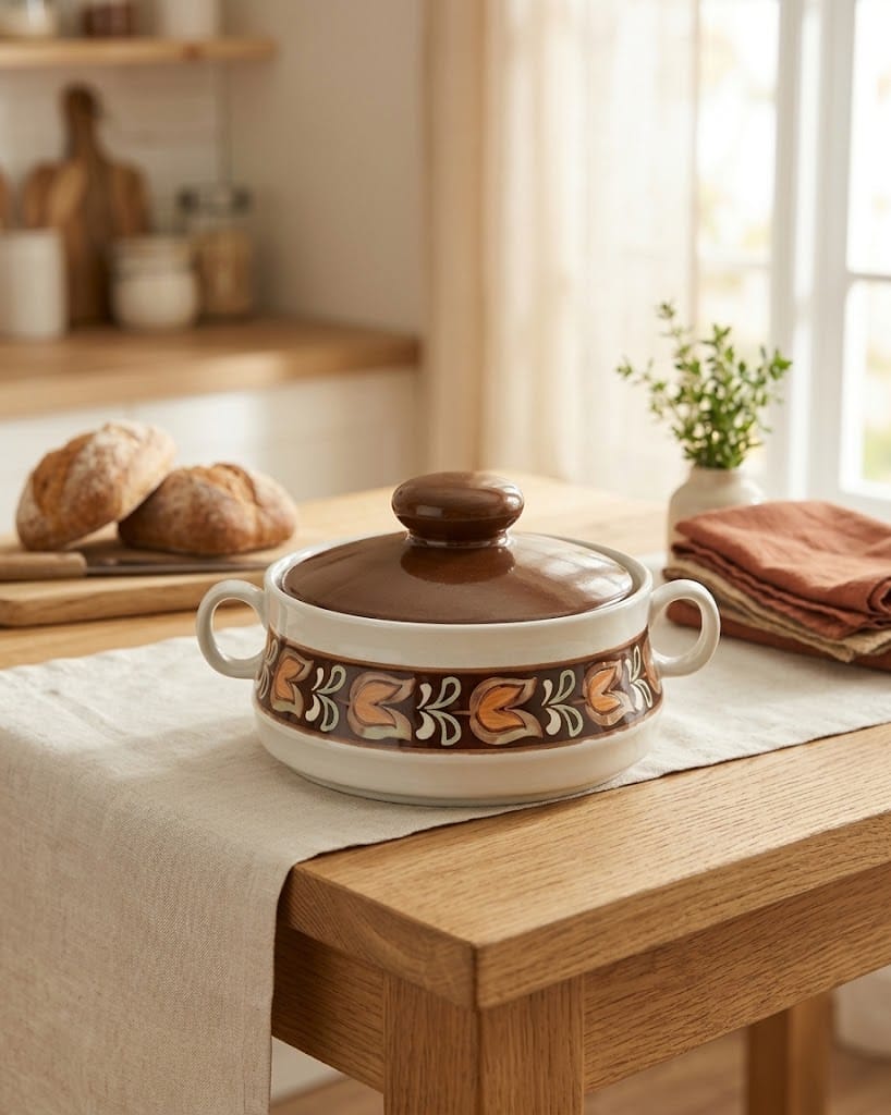 Vintage porcelánová polévková mísa s poklicí a retro vzorem na dřevěném stole.